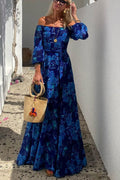 Gloria™ - Long Floral Print Dress with Off-Shoulder Sleeves